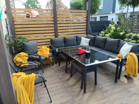 Grafitowy narożnik na taras z fotelem - metalowy stelaże - Sodor Corner XL - Dark Grey