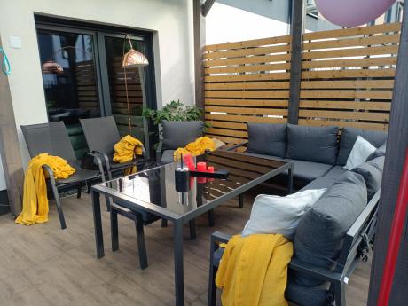 Grafitowy narożnik na taras z fotelem - metalowy stelaże - Sodor Corner XL - Dark Grey