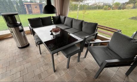 Grafitowy narożnik na taras z fotelem - metalowy stelaże - Sodor Corner XL - Dark Grey