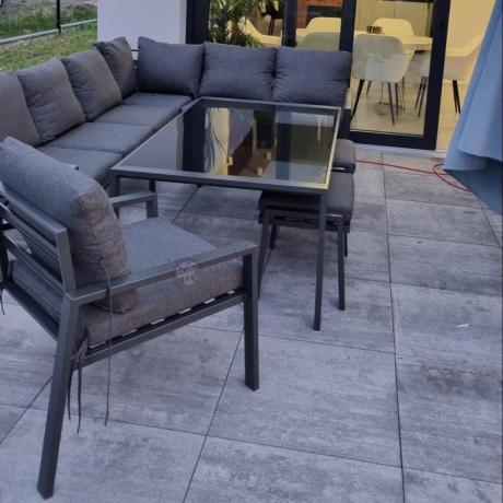 Grafitowy narożnik na taras z fotelem - metalowy stelaże - Sodor Corner XL - Dark Grey