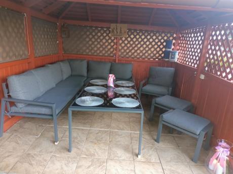 Grafitowy narożnik na taras z fotelem - metalowy stelaże - Sodor Corner XL - Dark Grey