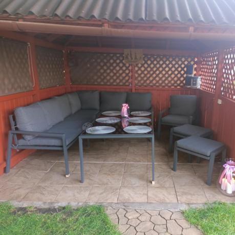 Grafitowy narożnik na taras z fotelem - metalowy stelaże - Sodor Corner XL - Dark Grey