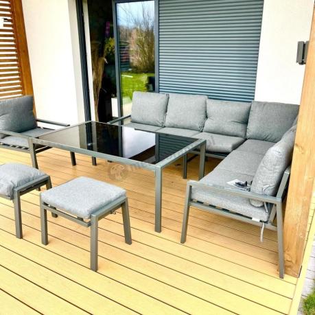 Grafitowy narożnik na taras z fotelem - metalowy stelaże - Sodor Corner XL - Dark Grey