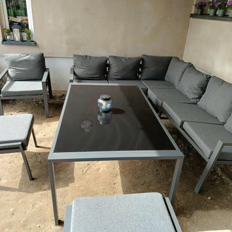 Grafitowy narożnik na taras z fotelem - metalowy stelaże - Sodor Corner XL - Dark Grey