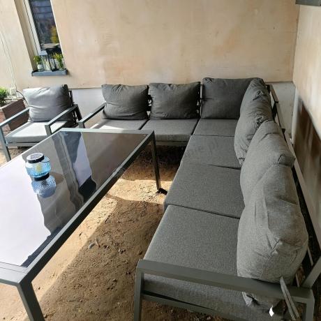 Grafitowy narożnik na taras z fotelem - metalowy stelaże - Sodor Corner XL - Dark Grey