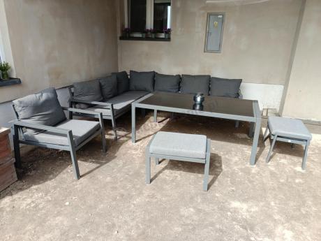 Grafitowy narożnik na taras z fotelem - metalowy stelaże - Sodor Corner XL - Dark Grey