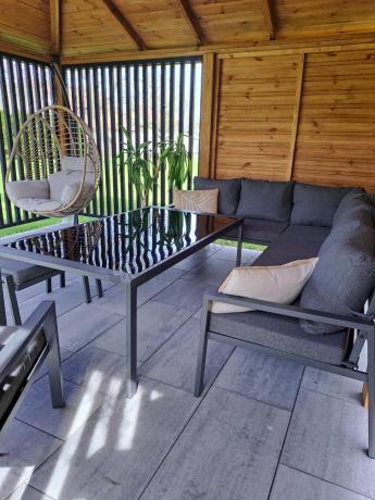 Grafitowy narożnik na taras z fotelem - metalowy stelaże - Sodor Corner XL - Dark Grey