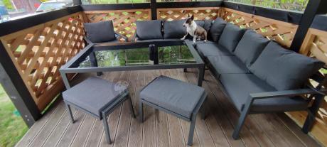 Grafitowy narożnik na taras z fotelem - metalowy stelaże - Sodor Corner XL - Dark Grey