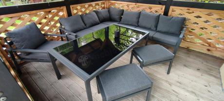 Grafitowy narożnik na taras z fotelem - metalowy stelaże - Sodor Corner XL - Dark Grey