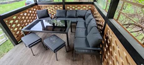 Grafitowy narożnik na taras z fotelem - metalowy stelaże - Sodor Corner XL - Dark Grey