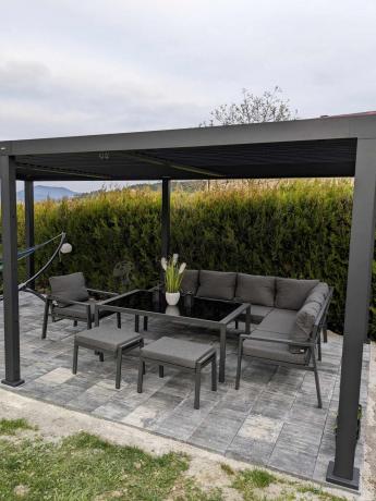 Grafitowy narożnik na taras z fotelem - metalowy stelaże - Sodor Corner XL - Dark Grey