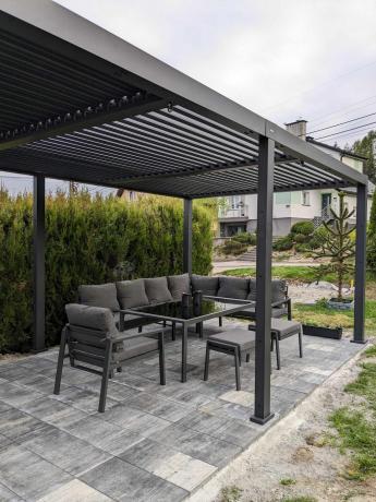 Grafitowy narożnik na taras z fotelem - metalowy stelaże - Sodor Corner XL - Dark Grey