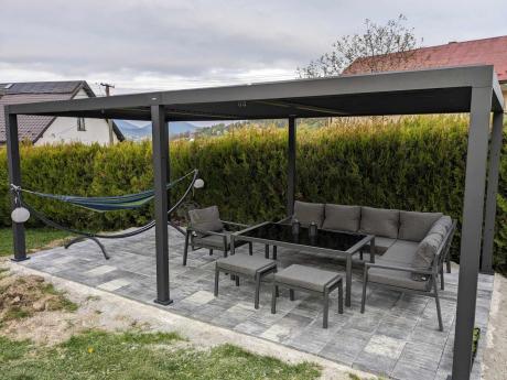 Grafitowy narożnik na taras z fotelem - metalowy stelaże - Sodor Corner XL - Dark Grey