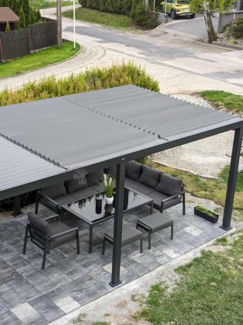 Grafitowy narożnik na taras z fotelem - metalowy stelaże - Sodor Corner XL - Dark Grey