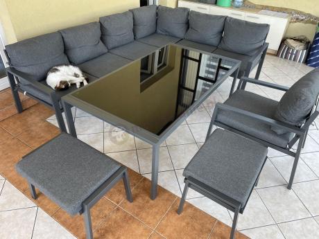 Grafitowy narożnik na taras z fotelem - metalowy stelaże - Sodor Corner XL - Dark Grey