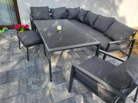 Grafitowy narożnik na taras z fotelem - metalowy stelaże - Sodor Corner XL - Dark Grey