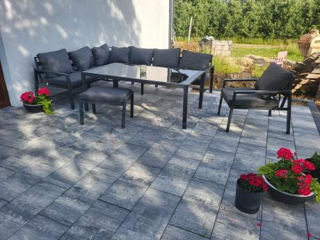 Grafitowy narożnik na taras z fotelem - metalowy stelaże - Sodor Corner XL - Dark Grey