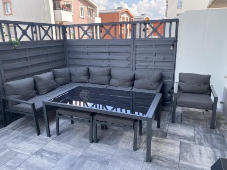 Grafitowy narożnik na taras z fotelem - metalowy stelaże - Sodor Corner XL - Dark Grey
