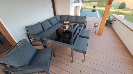 Grafitowy narożnik na taras z fotelem - metalowy stelaże - Sodor Corner XL - Dark Grey