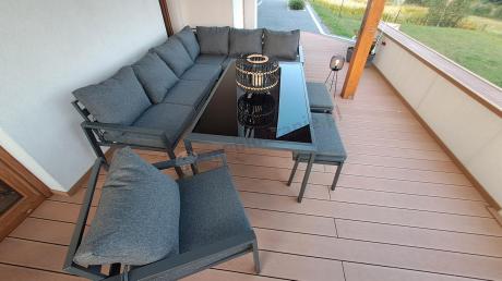 Grafitowy narożnik na taras z fotelem - metalowy stelaże - Sodor Corner XL - Dark Grey