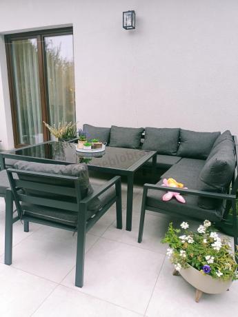 Grafitowy narożnik na taras z fotelem - metalowy stelaże - Sodor Corner XL - Dark Grey