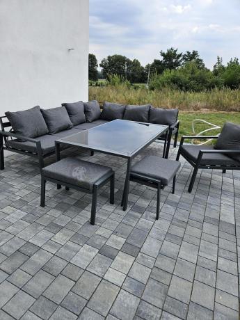 Grafitowy narożnik na taras z fotelem - metalowy stelaże - Sodor Corner XL - Dark Grey