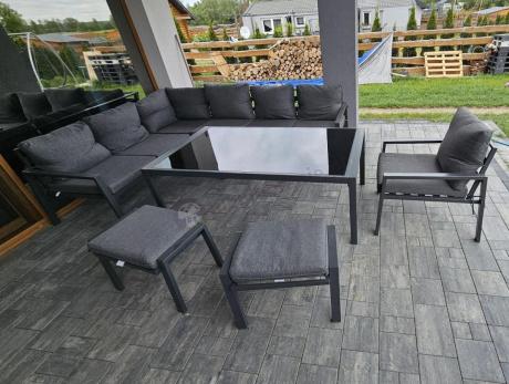 Grafitowy narożnik na taras z fotelem - metalowy stelaże - Sodor Corner XL - Dark Grey