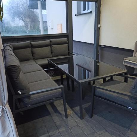 Grafitowy narożnik na taras z fotelem wysokie oparcia - metalowy stelaże - Doros Corner XL - Dark Grey