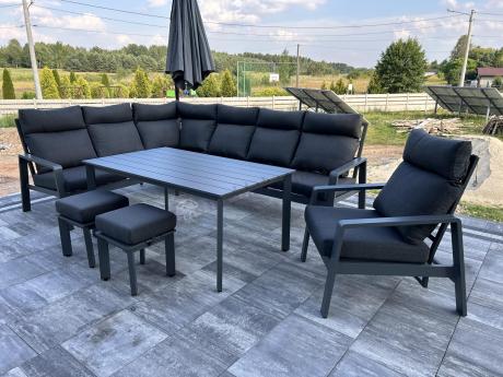 Grafitowy narożnik na taras z regulowanym fotelem i stołem 150cm - Renalo Corner