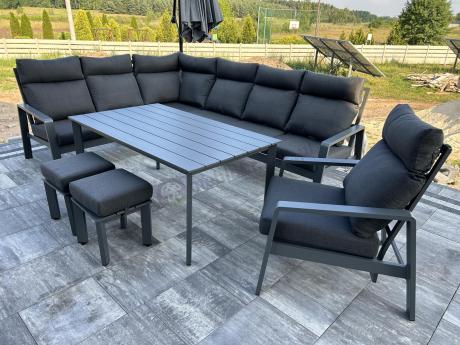 Grafitowy narożnik na taras z regulowanym fotelem i stołem 150cm - Renalo Corner
