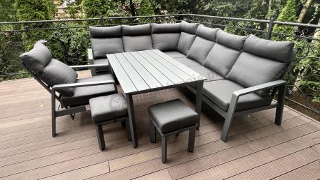 Grafitowy narożnik na taras z regulowanym fotelem i stołem 150cm - Renalo Corner
