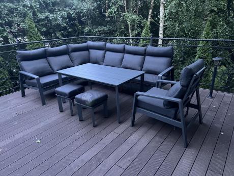 Grafitowy narożnik na taras z regulowanym fotelem i stołem 150cm - Renalo Corner