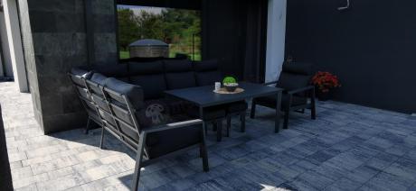 Grafitowy narożnik na taras z regulowanym fotelem i stołem 150cm - Renalo Corner