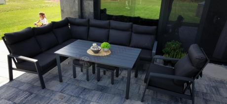 Grafitowy narożnik na taras z regulowanym fotelem i stołem 150cm - Renalo Corner