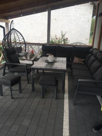 Grafitowy narożnik na taras z regulowanym fotelem i stołem 150cm - Renalo Corner