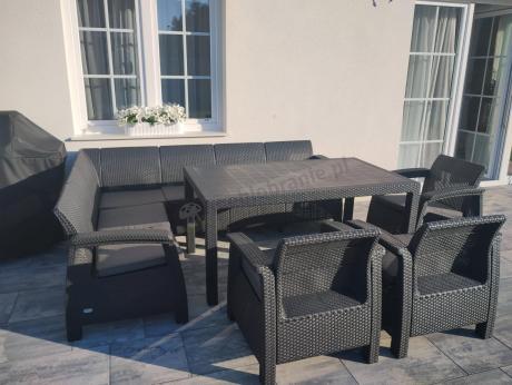 Grafitowy narożnik na taras ze stołem obiadowym Rellme VI i 3 fotelami