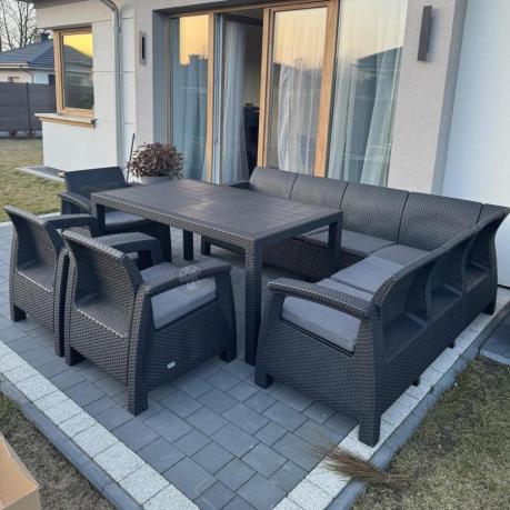 Grafitowy narożnik na taras ze stołem obiadowym Rellme VI i 3 fotelami