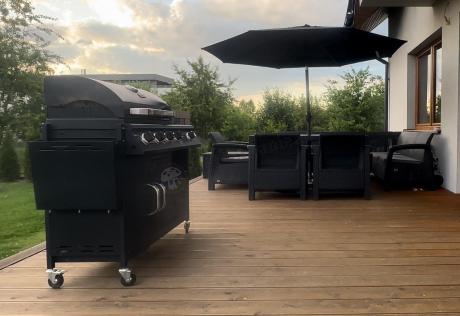 Grafitowy narożnik na taras ze stołem obiadowym Rellme VI i 3 fotelami