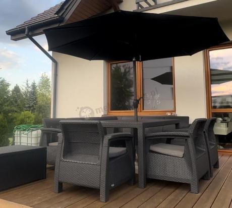 Grafitowy narożnik na taras ze stołem obiadowym Rellme VI i 3 fotelami