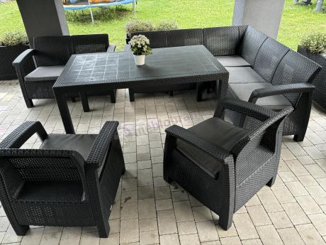 Grafitowy narożnik na taras ze stołem obiadowym Rellme VI i 3 fotelami