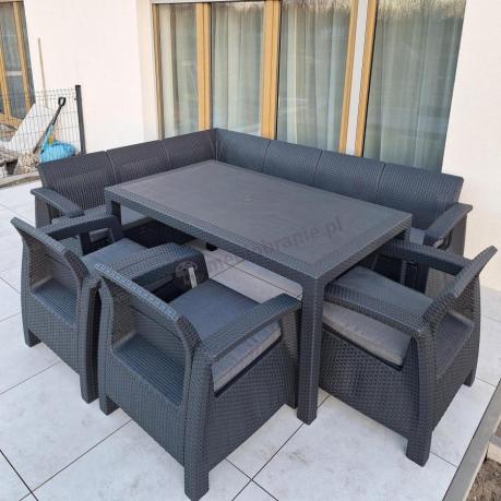 Grafitowy narożnik na taras ze stołem obiadowym Rellme VI i 3 fotelami