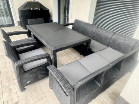 Grafitowy narożnik na taras ze stołem obiadowym Rellme VI i 3 fotelami