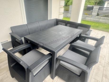 Grafitowy narożnik na taras ze stołem obiadowym Rellme VI i 3 fotelami