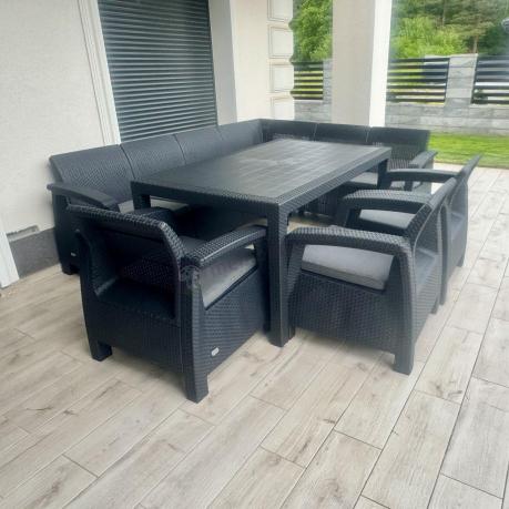 Grafitowy narożnik na taras ze stołem obiadowym Rellme VI i 3 fotelami