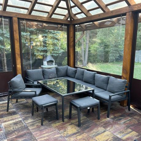 Grafitowy narożnik ogrodowy 184x294cm modułowy ze stołem obiadowym i fotelem Sodor Corner XXL - Dark Grey