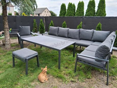 Grafitowy narożnik ogrodowy 184x294cm modułowy ze stołem obiadowym i fotelem Sodor Corner XXL - Dark Grey