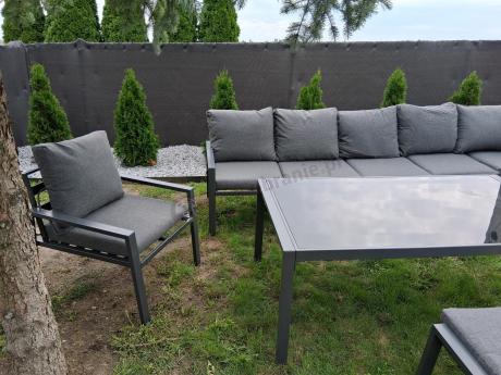 Grafitowy narożnik ogrodowy 184x294cm modułowy ze stołem obiadowym i fotelem Sodor Corner XXL - Dark Grey