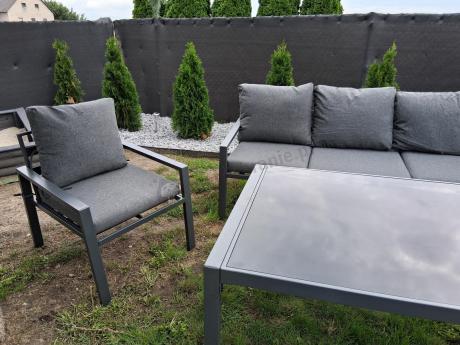 Grafitowy narożnik ogrodowy 184x294cm modułowy ze stołem obiadowym i fotelem Sodor Corner XXL - Dark Grey