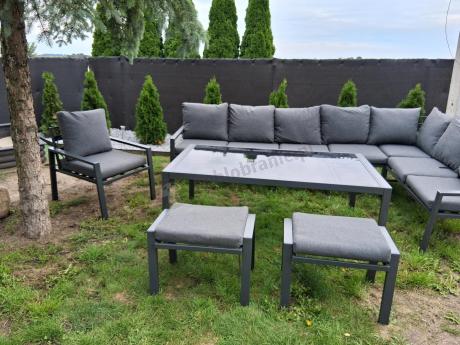 Grafitowy narożnik ogrodowy 184x294cm modułowy ze stołem obiadowym i fotelem Sodor Corner XXL - Dark Grey