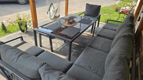 Grafitowy narożnik ogrodowy 184x294cm modułowy ze stołem obiadowym i fotelem Sodor Corner XXL - Dark Grey